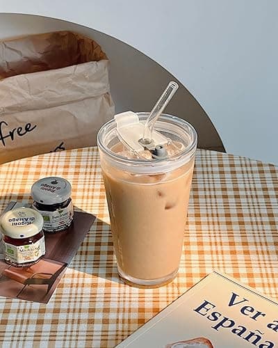Olvini 15oz Glass Tumbler with Straw and Lid, Cute Iced Coffee Cups, Aesthetic Glass Cups, Coffee Tumbler, Water Cup, Matcha Cup, Drinking Glasses (Clear) thumbnail 6