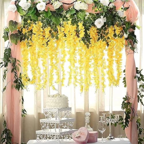 40 Pack Wisteria Flower Vines Garland, 3.75 Feet Artificial Flower Strings, Fake Hanging Flowers, Silk Wisteria Garland Flowers, Wisteria Vine for Wedding, Garden, Wall Decoration (Yellow) thumbnail 4