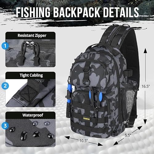 PLUSINNO Fishing Backpack with Tackle Boxes, Waterproof Fishing Sling Tackle Bag For Fishing Gear With Rod Holder, Fishing Gifts for Men With Fishing lures, Fishing pliers, Fish Lip Gripper. thumbnail 2