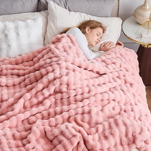 NEWCOSPLAY Faux Fur Throw Blanket Pink Bubble Blanket Thick Warm Soft for Couch Sofa Bed 550GSM (Pink, Throw(50"x60")) thumbnail 3
