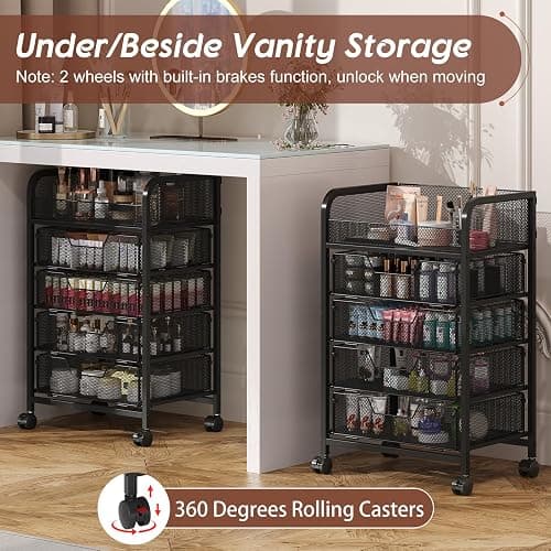 Hongtamoya Makeup Cart Organizer with 4 Drawers, Vanity Storage Organizer, Large Floor Skincare Organizers Cosmetics Display Cases for Skin Care Perfume Nail Polish, Black (Patent Pending) thumbnail 4