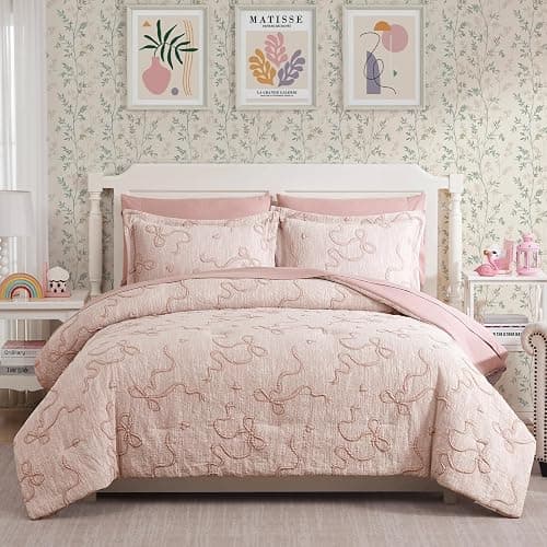 Geniospin Pink Twin/Twin XL Comforter Set for Girls- 5 Pieces Bowknot Jacquard Bed in A Bag Twin Bedding Sets with Sheets, Pillowcases & Shams, All Season Kids Comforter Set - Image 1