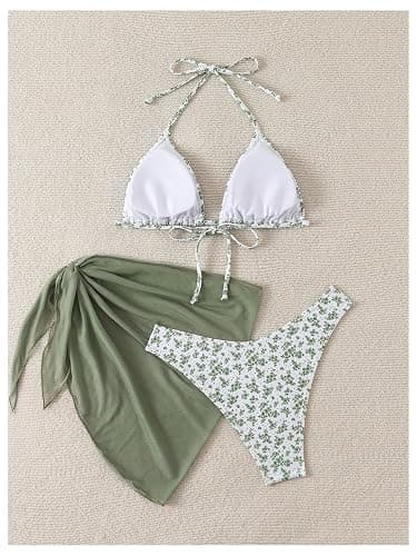 SHENHE Women's 3 Piece Polka Dots Floral Bikini Set with Wrap Coverup Halter Triangle Swimsuits thumbnail 2