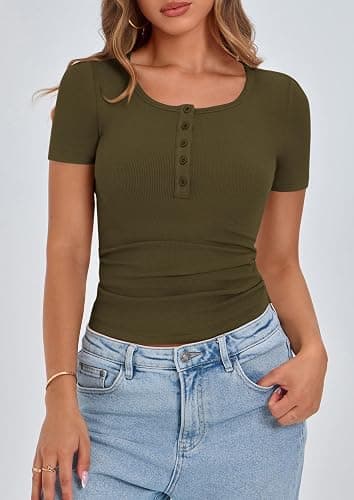 PRETTYGARDEN Women's Summer Tops Henley Tee Shirts | Soft Ribbed Fabric,Button Up, Short Sleeve,Slim Fitted,Basic Tshirts,Casual Trendy,Going Out Outfits,Fashion Clothing thumbnail 8