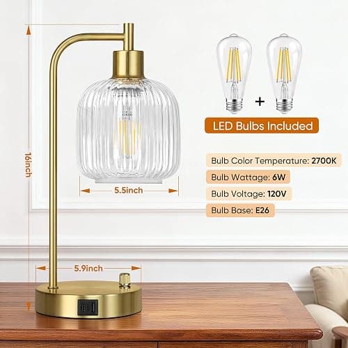 QiMH Industrial Table Lamp for Bedroom Set of 2, Clear Glass Beside Lamp with USB A&C Ports, Stepless Dimmable Gold Lamps, Nightstand Lamps for Living Room, Office, Home Decor(Bulb Included) thumbnail 3