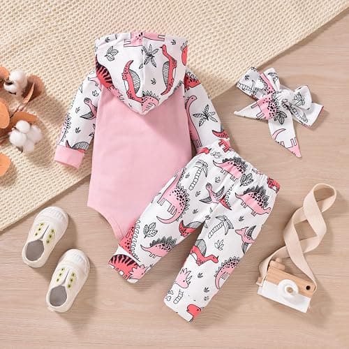 MINIFEIKO Newborn Infant Baby Girl Dinosaur Outfit Long Sleeve Hoodie Romper Bodysuit and Pants with Headband Set thumbnail 3