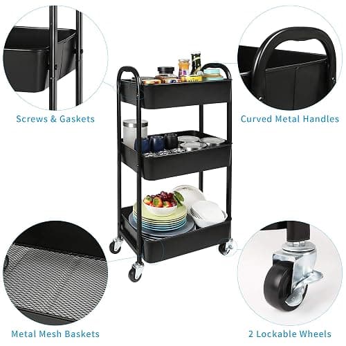 3-Tier Rolling Utility Cart with Caster Wheels,Easy Assembly, for Kitchen, Bathroom (Black) thumbnail 5