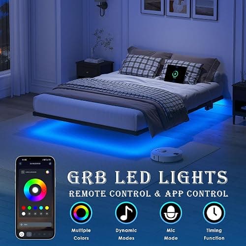 YORMDMO Floating Bed Frame Queen Size, Heavy Duty Bedframe with Smart LED Lights & Charging Station, Modern Metal Platform Bed, Easy Assembly No Box Spring Needed, 10 Inch thumbnail 3