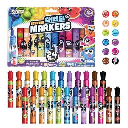 Scentos Scented Chisel Tip Markers 24 Pack, With Fruit Scent, 12 Assorted Colors, Different Fruity Each, Washable Markers, Marker for Kids, for Posters and Science Fairs, Super Washable Ink. - Image 1