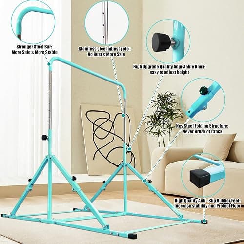 MARFULA Foldable Gymnastic Bar for Kids Ages 3-12, 9 Height Levels, 200 lbs Weight Capacity, 5 Ft Length Gymnastic Kip Bar with Mat, Gymnastic Equipment for Home and Gym Center Indoor Outdoor Use thumbnail 4