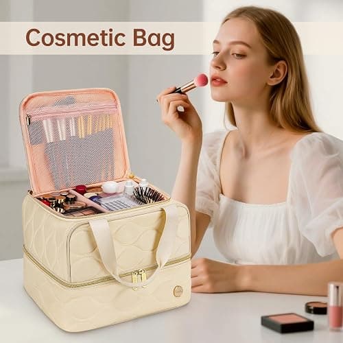 YOREPEK Large Makeup Bag Organizer, 2-Layer Travel Cosmetic Bags with Compartments for Women, Portable Makeup Cases for Skincare Bottles, Brushes, Lipstick – Cosmetiquera para Maquillaje, Beige thumbnail 8