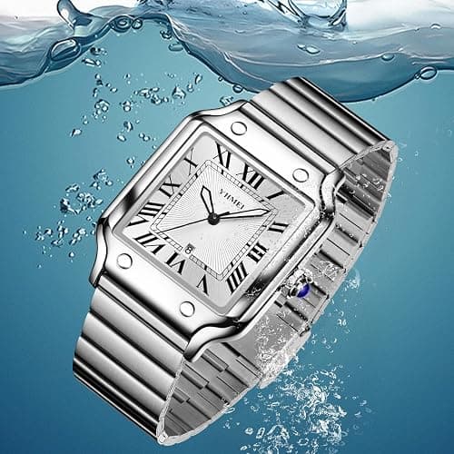 CARLIEN Unisex Classic Square Roman Numerals Silver Analog Waterproof Watches for Women Men Stainless Steel Strap Date Display Casual Wristwatch thumbnail 5