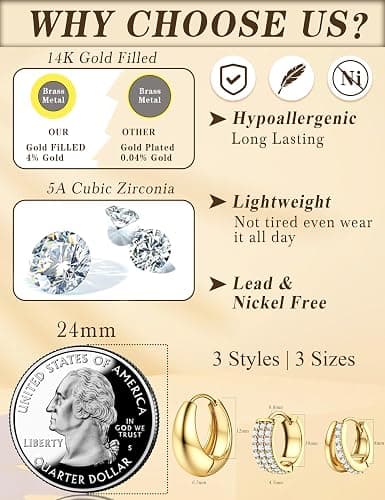 YADOCA Small Gold Hoop Earrings for Women - Hypoallergenic Chunky Gold Silver Hoops Earring Stacks Small 14K Gold Filled Huggie Earrings Set for Multiple Piercing 8/10/12M thumbnail 5