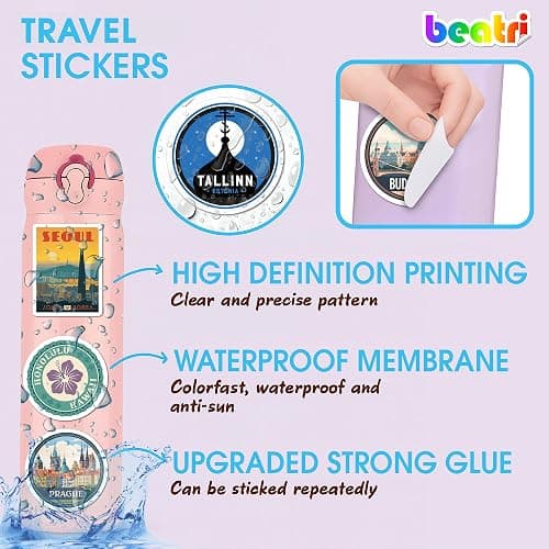BEATRI World Travel Stickers 50Pcs Waterproof Vinyl Travel Map Stickers for Suitcase, Bicycle, Laptop, Water Bottle, Journaling & Travel Gear | Non-Repeating Decals, High-Definition Print thumbnail 4