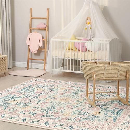 Morebes Floral Pink Rugs for Bedroom Girls, Washable 5x7 Large Area Rug for Living Room Non Slip, Vintage Low-Pile Indoor Floor Boho Flower Carpet for Kids Nursery Playroom, Light Pink&Green - Pink - 5' x 7' (Rectangular) thumbnail 3