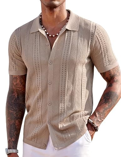 COOFANDY Men's Knit Shirts Short Sleeve Button Down Polo Shirt Fashion Casual Summer Beach Shirts - Image 1
