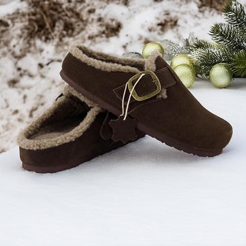 CUSHIONAIRE Haven Genuine Leather Clogs for Women – Faux Fur Lined Slip-On Womens Shoes with Cork Footbed and Adjustable Buckle thumbnail 2
