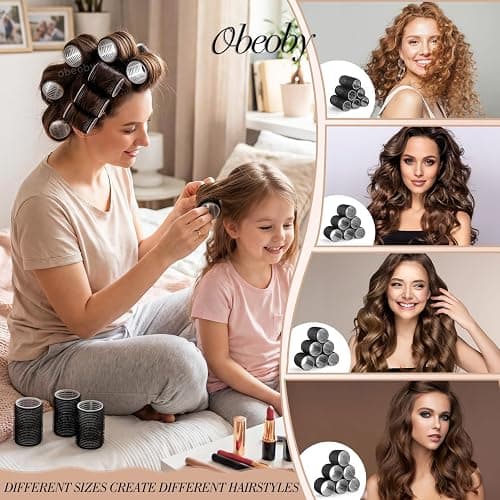 4 Sizes Self-Grip Hair Rollers Set - 50 Pcs Jumbo Curlers for Long, Short Hair and Bangs (25mm, 36mm, 48mm, 60mm) With Clips, Black thumbnail 3