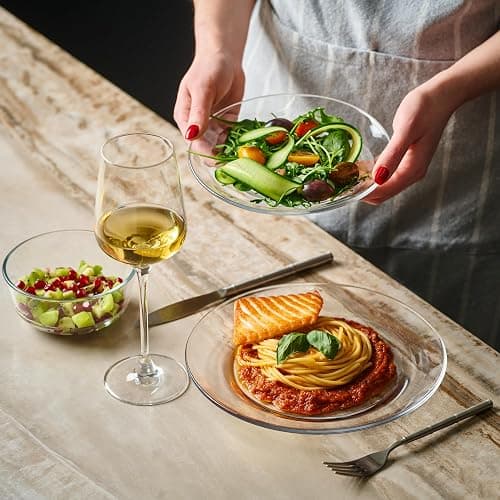 12pc Glass Dinnerware Set - Sleek Round Clear Glass Plate and Bowl Sets - Dishwasher Safe, Bread & Butter Dinner, Dessert, Salad Plates & Serving Cereal Soup Bowls Dishes for Kitchen Dining & Parties thumbnail 4