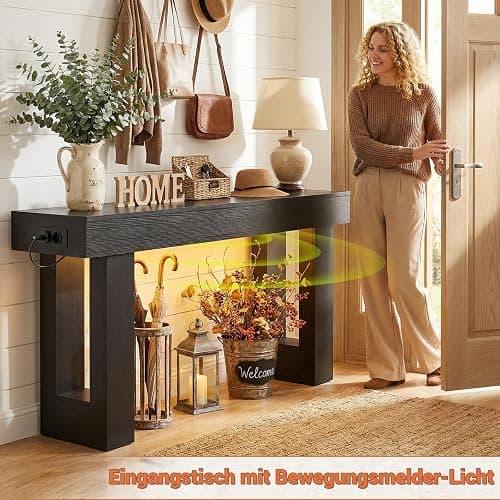 iSunirm Konsolentisch 120 cm mit Steckdosen & Bewegungsmelder-Licht, Beistelltisch mit offenem Stauraum, Landhausstil, für Eingang, Flur, Wohnzimmer, Schwarz thumbnail 4
