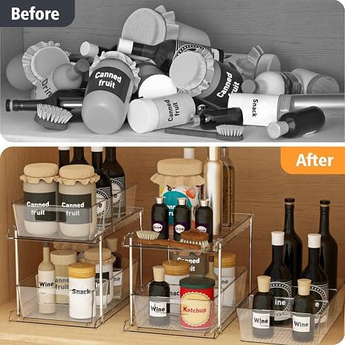 Fabspace Pull-out Home Organizer, 2 Pack 2 Tier Clear Bathroom Organizer with Dividers, Multipurpose Vanity Counter Tray, Kitchen, Closet Organizers, Cabinet & Storage Container Bins thumbnail 6