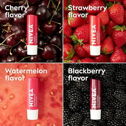 NIVEA Lip Care, Fruity Tinted Lip Balm Variety Pack, Cherry, Strawberry, Blackberry and Watermelon Flavors, 3-in-1 Moisture, Repair and Color, 0.17 Oz Stick, Pack of 4 thumbnail 5