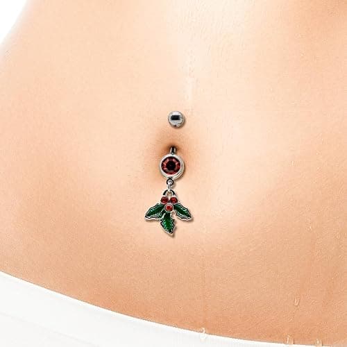 FLOGWE 316L 2 PCS Christmas Dangle Mistletoe Belly Button Rings 14G Stainless Steel Jingling Bell Navel Rings for Women Belly Piercing Jewelry thumbnail 7