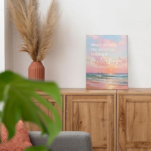 PHAMTE Christian Coastal Beach Landscape Wall Art Decor Canvas 11x14, Pink Beach Pictures Decorations, Religious Bible Verses Coastal Framed Prints Artwork for Home Bedroom Living Room Decor thumbnail 4