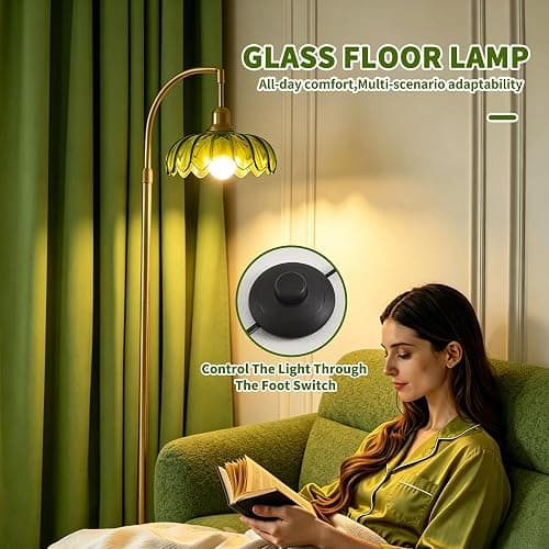 WELAISA Glass Floor Lamp with Table and Shelves, Gold | Remote Dimmable, Boho Brass Tall Lamp, Vintage Farmhouse Arc, Green Flower Design thumbnail 9