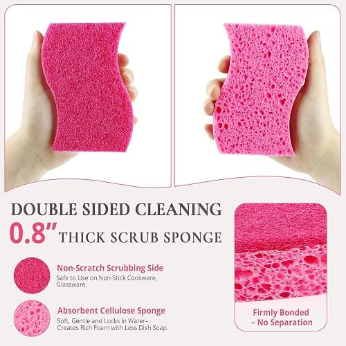 12 Pack Non-Scratch Kitchen Sponges, S-Shaped Pink Dish Sponges for Kitchen | Biodegradable Cellulose & Non-Scratch Scrubber, Household Gentle Cleaning Sponges for Pots Pans Stemware Porcelain Bathroom thumbnail 5