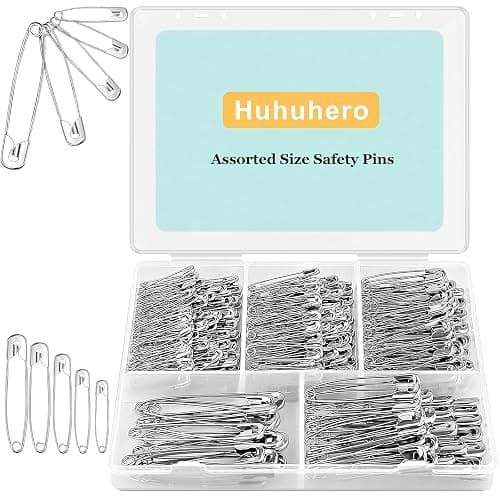 Huhuhero 340 Pack Safety Pins Assorted, Small & Large Heavy Duty Safety Pins for Clothes Costume Sewing, 5 Different Sizes Nickel Plated Steel Pin Bulk, Crafts Art Supplies, Silver - Image 1
