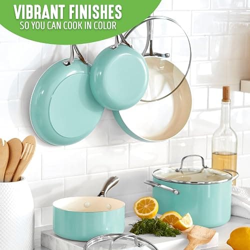 GreenLife Artisan Healthy Ceramic Nonstick, 12 Piece Cookware Pots and Pans Set, Stainless Steel Handle, Induction, PFAS-Free, Dishwasher Safe, Oven Safe, Turquoise thumbnail 2