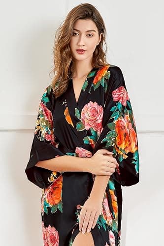 BABEYOND Women's Kimono Robe Long Satin Silky Floral Lightweight Bridesmaid Wedding Bachelorette Party Robe thumbnail 4
