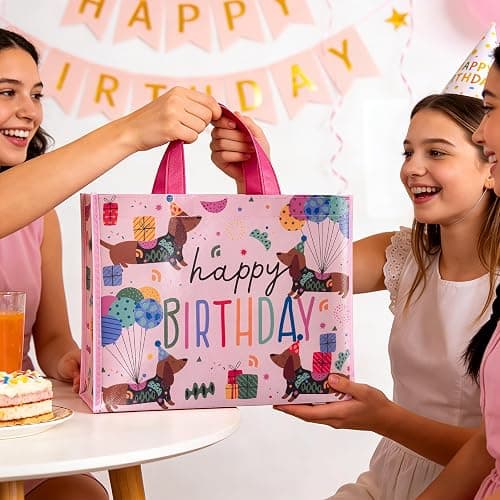 WRAPAHOLIC Large Reusable Pink Dachshund Birthday Gift Bag with Handles - 10 x 5 x 13 inch - Happy Bday Pink Dog Gift Bags for Kids Girls Birthday, Pet Lovers and Shopping thumbnail 9