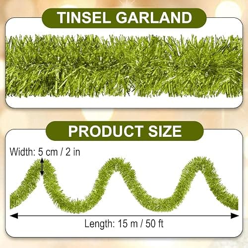 50 Feet Light Green Christmas Tinsel Garland, Metallic Foil Twist Garland Wall Hanging Tinsel Banner Backdrop for Parade Floats, Easter, Mother's Day, Wedding Party Decorations (2in x 50ft) thumbnail 3