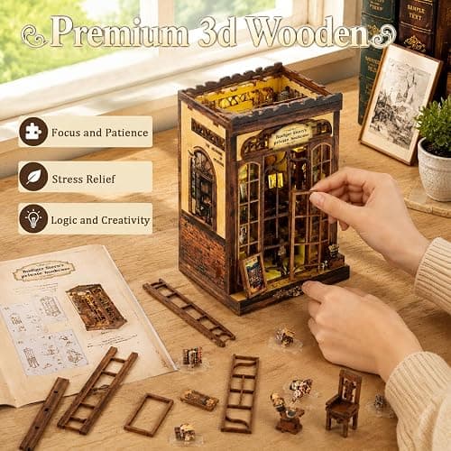 CRIOLPO Kit de coin livre pour adultes – Puzzle 3D en bois miniature à faire soi-même – Bibliothèque privée de Rudiger thumbnail 6