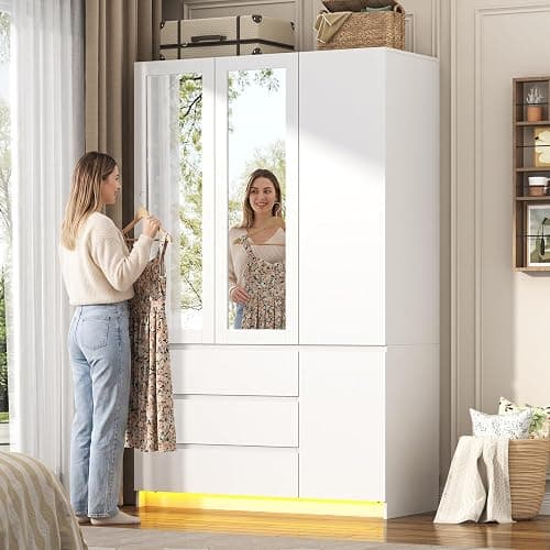 75"H Tall Modern 3 Doors Wooden Armoire Wardrobe Closet with 3 Drawers & 2 Mirror,Clothing Storage Cabinet with Hanging Rod,Bedroom Large Freestanding Armoires with Led Lights for Bedroom,White thumbnail 9