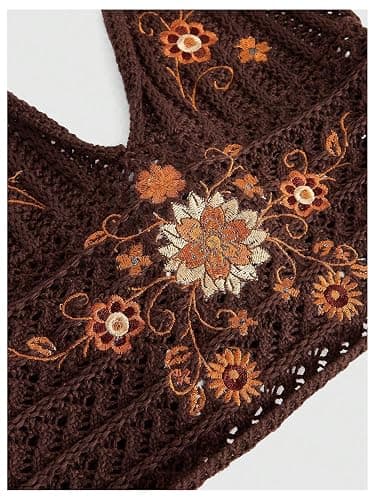 SHENHE Women's Open Back Knitted Halter Crop Top Tie Backless Embroidered Hippie Top thumbnail 4