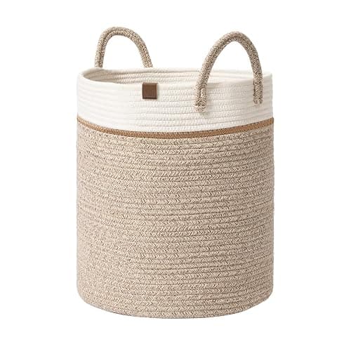 LA JOLIE MUSE Woven Basket Rope Storage Baskets - Tall Cotton Basket 16 x 14 x 14 Inches, Laundry Basket for Blanket, Kids Toy, Nursery Clothes Hamper Basket White & Desert - Image 1