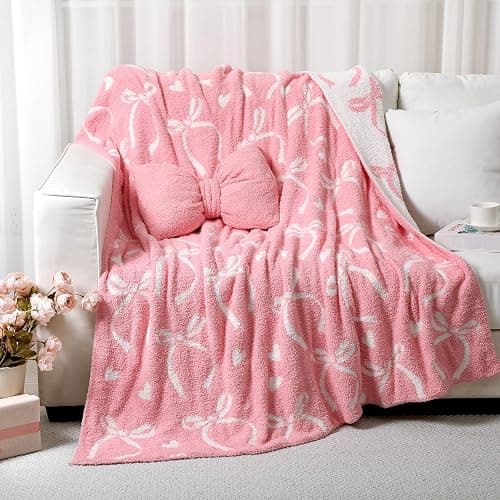 Hillsuren Valentine's Day Pink Bow Throw Blanket and Pillow Set Include Coquette Blanket 50 x 60 Inch and Pink Bow Plush Throw Pillows Cushion for Girls Women Gift Couch Sofa Bed Nursery Preppy Room - Image 1