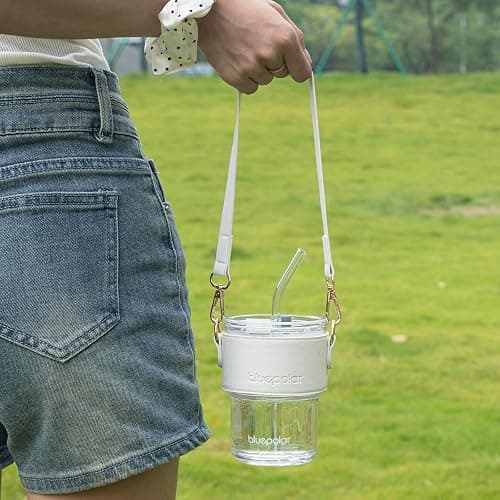 BLUEPOLAR 13oz/400ml Glass Water Tumbler with Straw and Lid Sealed Carry on Thick Wall Iced Coffee Cup for Water, Iced Tea, Fruit Juice (White with Sleeve and Strap) thumbnail 2