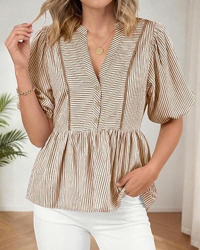 dowerme Womens Summer Tops 2026 Fashion Lantern Short Sleeve V Neck Button Peplum Shirts Spring Stripes Babydoll Blouses thumbnail 7