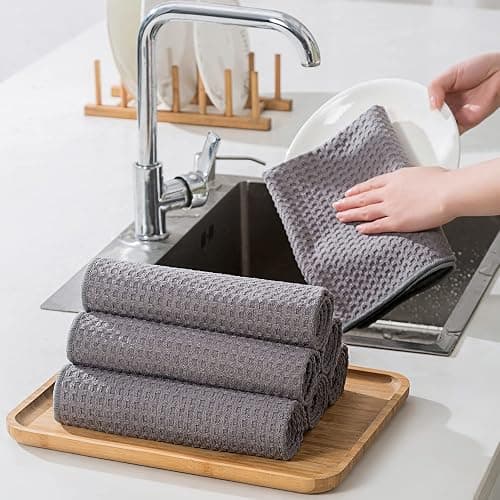Vnoss Waffle Weave Microfiber Kitchen Towels and Dishcloths Set, 26 X 18 Inch and 12 X 12 Inch, Set of 10 Gray Lint Free Dish Towels for Drying Dishes thumbnail 7