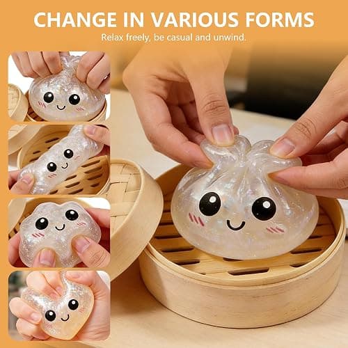 Dumpling Squishies, Glitter Dumpling Mystery Box, Colorful Dumplings Stress Balls Toy, Stocking Stuffers with Food Steamer Stretchy Desk Toys (Glitter Red) thumbnail 3