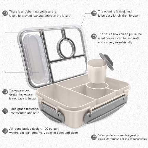 Amathley Bento Box Adult Lunch Box Kids,Lunch Containers for Adults/Kids/Toddler,5 Compartments Bento Lunch Box with Sauce Vontainers,Microwave & Dishwasher & Freezer Safe,BPA-Free (White) thumbnail 3