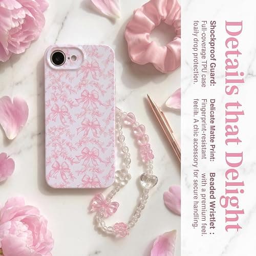 Jzzeuose Phone Case for iPhone 17e/16e with Beaded Wristlet, Pink Bow Floral Cute Soft TPU Protective Case for Women Girls, Anti-Scratch Shockproof Slim Cover thumbnail 4
