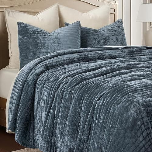 EVERGRACE Velvet Quilt Set King Size, Luxurious Soft Striped Channel Bedding Set, Lightweight Velvet Comforter for All Season, Oversized Bedspread Coverlet with 2 Matching Shams, Stormy Blue thumbnail 6