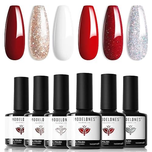 modelones Red Gel Nail Polish Set 6 Colors, White Glitter Sparkle Bright Burgundy Dark Rose Champagne Silver Candy Cane Nail Polish Kit Soak Off Nail Art Manicure Salon DIY Gift Women thumbnail 9