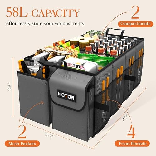 HOTOR Foldable Trunk Organizer - SUV & Sedan Compatible, Sturdy 2-Compartment Grey Car Accessory Organizer, 23.6"14.2"10.6" thumbnail 2
