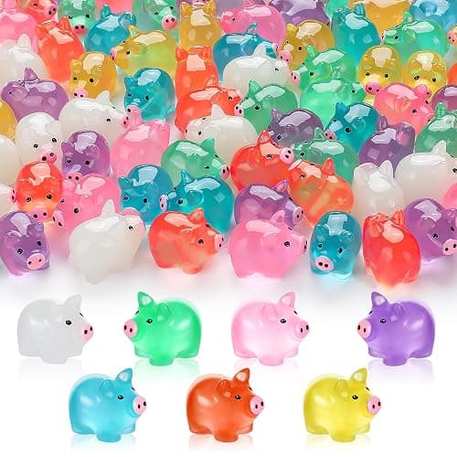 SYWHXY 56PCS Luminous Mini Resin Pigs Cute Mini Figures Glow in The Dark, Tiny Pigs Miniature Charms Ornament for Garden Landscape Plant Dollhouses Birthday Decor (7 Colors) - Image 1